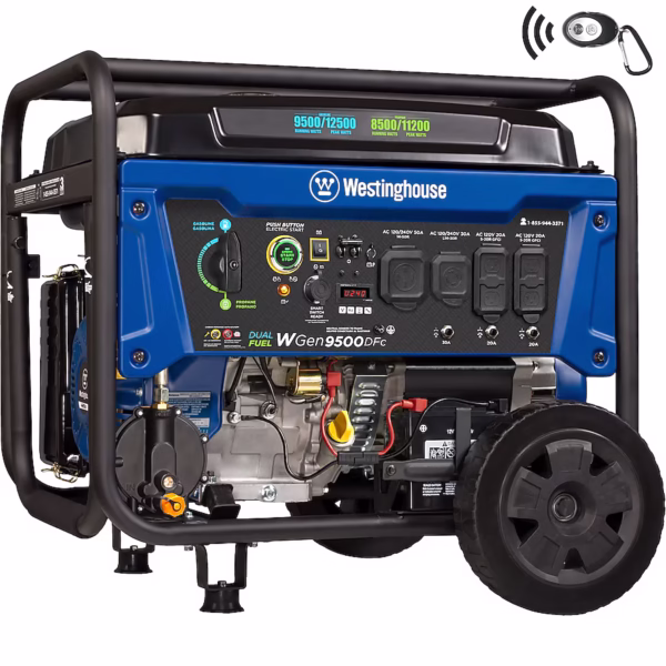 Westinghouse WGen9500DFc Dual Fuel Portable Generator 12500 Starting 9500 Running Watt Remote Electric Start Gas Propane