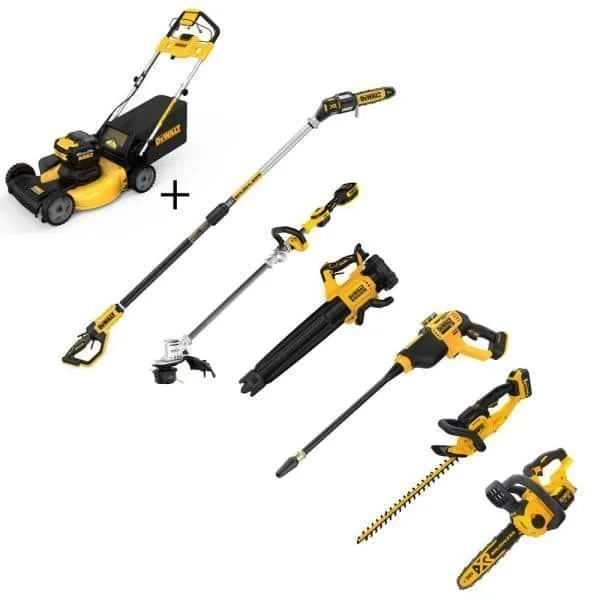 20V MAX Cordless Lawn Care Combo Kit 21.5 Inch Self Propelled Mower Blower Trimmer Chainsaw Pole Saw Power Cleaner