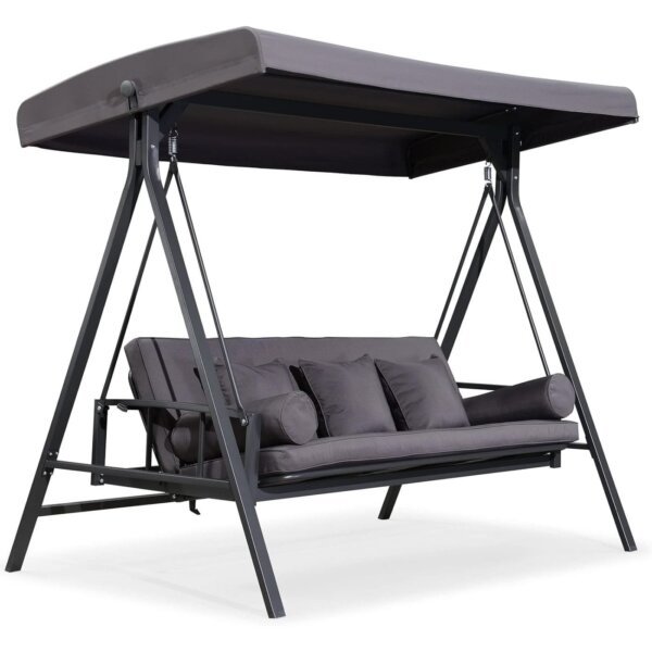 PURPLE LEAF 3-seat Outdoor Patio Porch Swing Adjustable Backrest, Cushions and Pillow Included