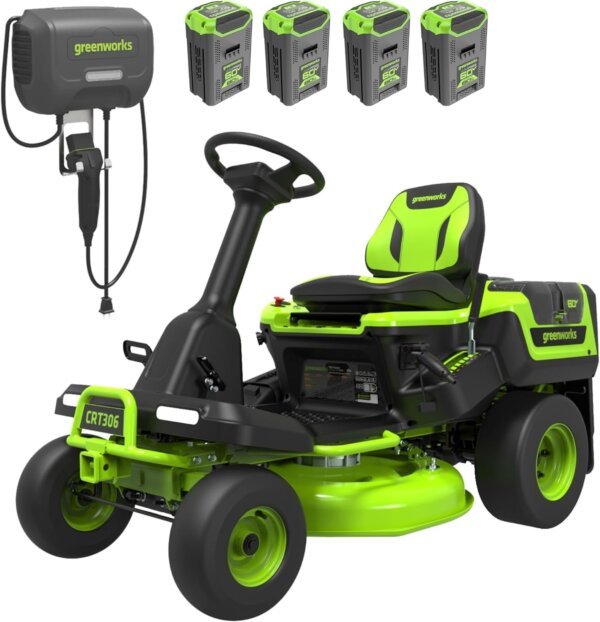 Greenworks 60V Riding Lawn Tractor 30 Inch Deck 16 HP Equivalent Electric Mower with 4x 8.0Ah Batteries